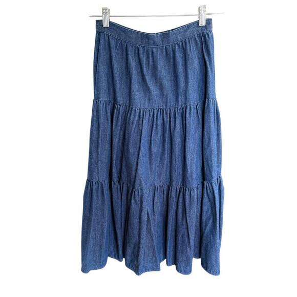Vtg Skirt Denim Jeans Tiered Button Front Western Boho Bohemian 9/10 Hippie - Picture 2 of 5